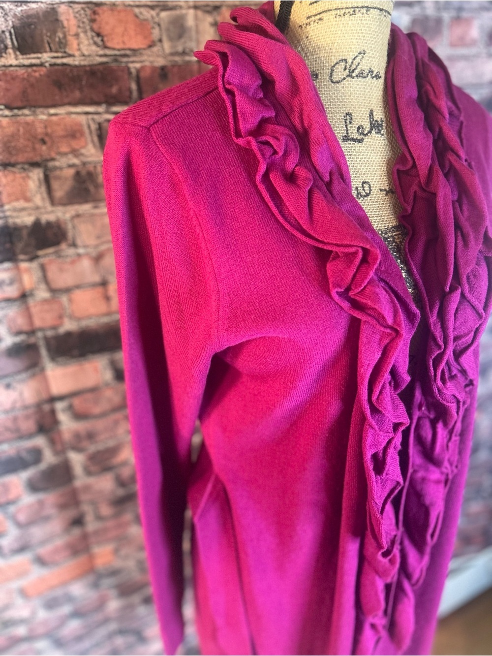New York & Company Fuchsia Ruffled Open-Front Cardigan - Picture 4 of 7